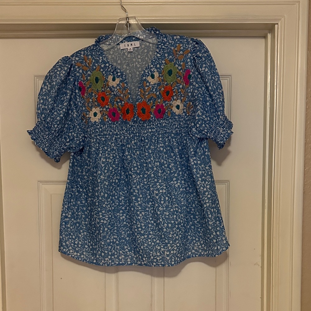THML Blue Floral Embroidered Top